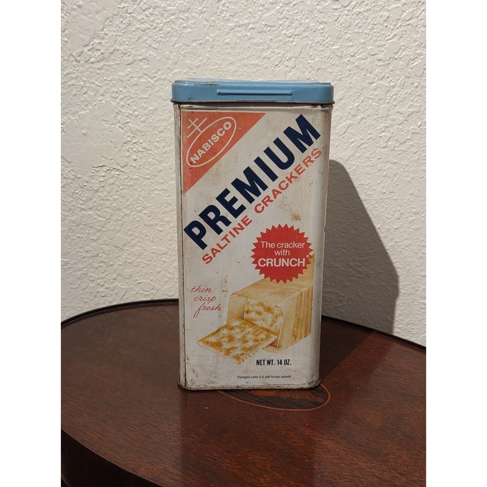 Vintage Nabisco Premium Saltine Crackers Tin 14 oz Blue Lid Advertising Decor‎